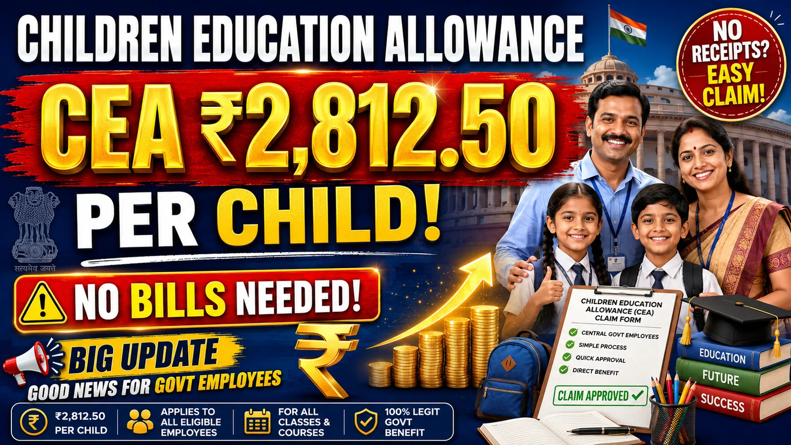"CEA Revised to ₹2,812.50/Month Per Child — DoPT Corrigendum Confirms New Education Allowance & Hostel Subsidy Rates"